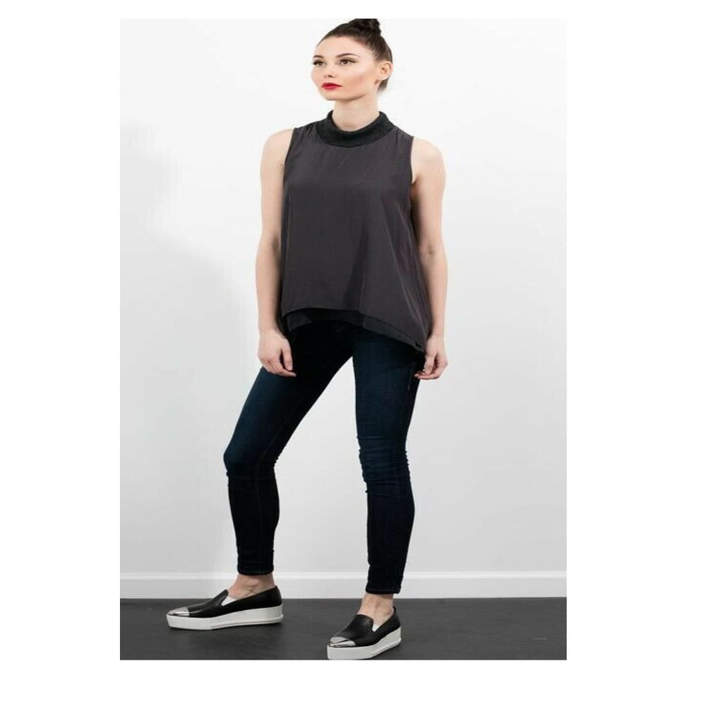 W7552 Distressed Satin Mock Neck Tank - Size Large
